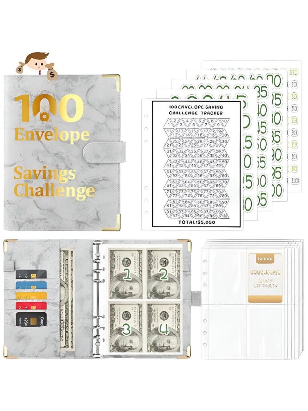 100 Envelopes Money Saving Challenge Tracker to Save $5,050, Marble Grey